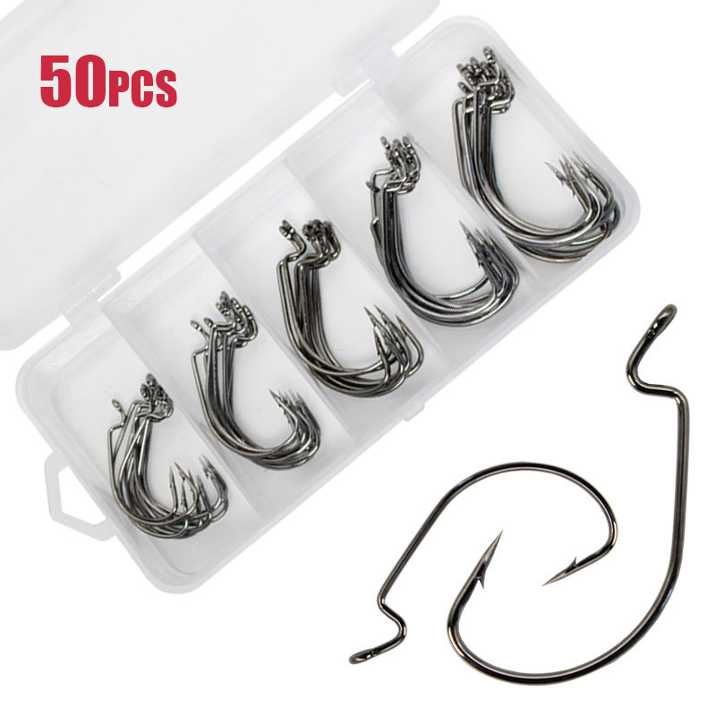 50 قطعة هوك دودة واسعة الكربون - مراجعة Fishing Hook Offset وسعره